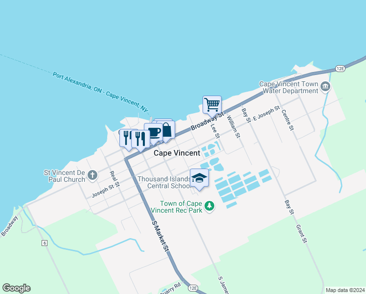map of restaurants, bars, coffee shops, grocery stores, and more near 176 South Esselstyne Street in Cape Vincent