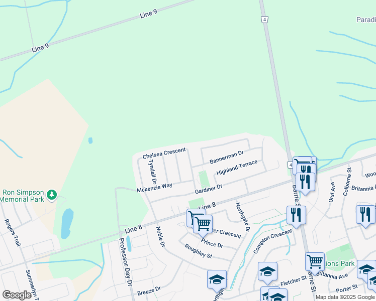 map of restaurants, bars, coffee shops, grocery stores, and more near Chelsea Crescent in Bradford West Gwillimbury