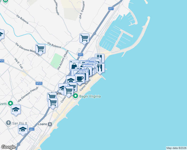 map of restaurants, bars, coffee shops, grocery stores, and more near 16 Corso Roma in Loano