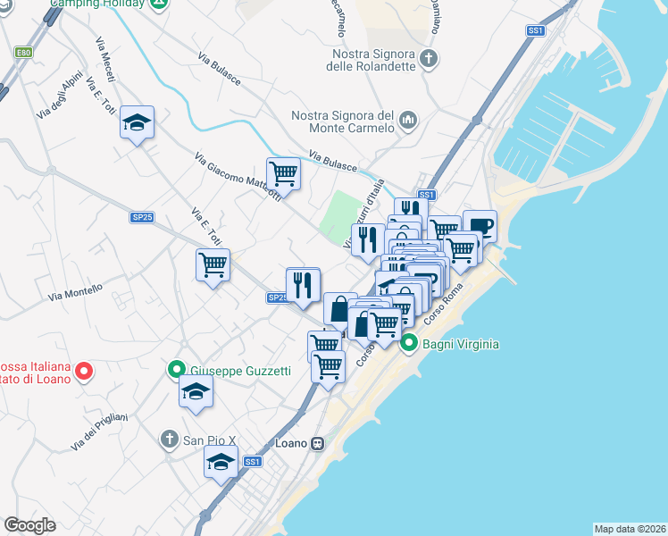 map of restaurants, bars, coffee shops, grocery stores, and more near 12 Via Giacomo Matteotti in Loano