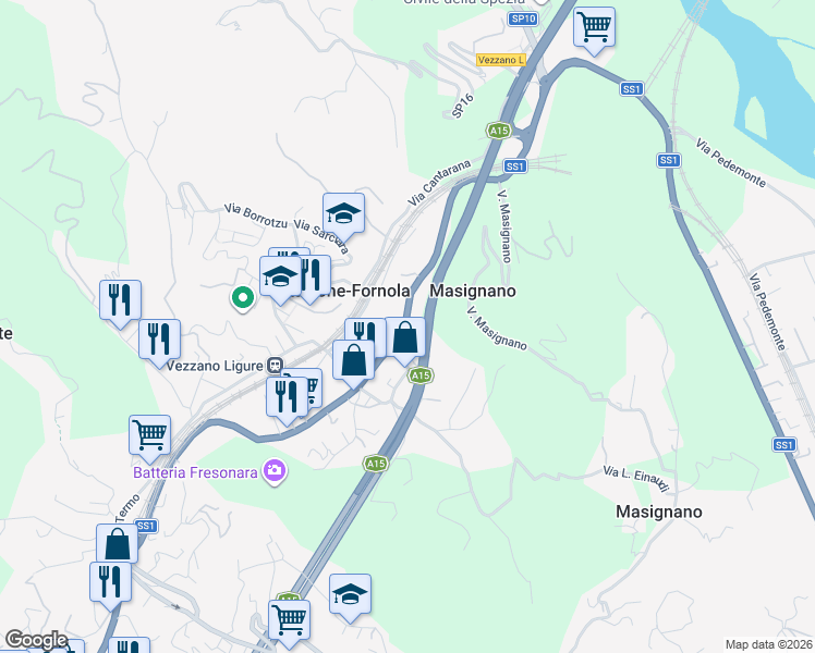 map of restaurants, bars, coffee shops, grocery stores, and more near 176 Strada Statale 1 in Stazione-fornola