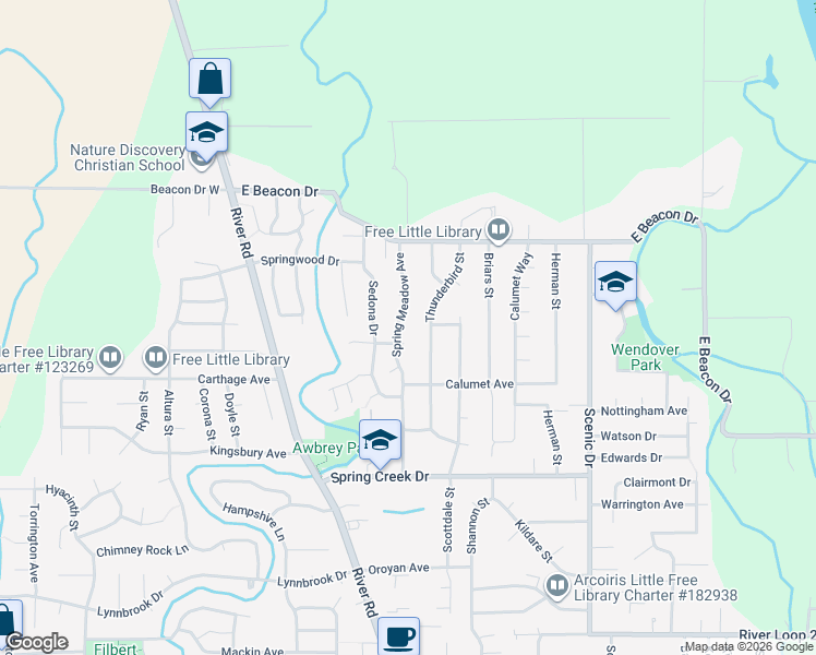 map of restaurants, bars, coffee shops, grocery stores, and more near 4653 Spring Meadow Avenue in Eugene