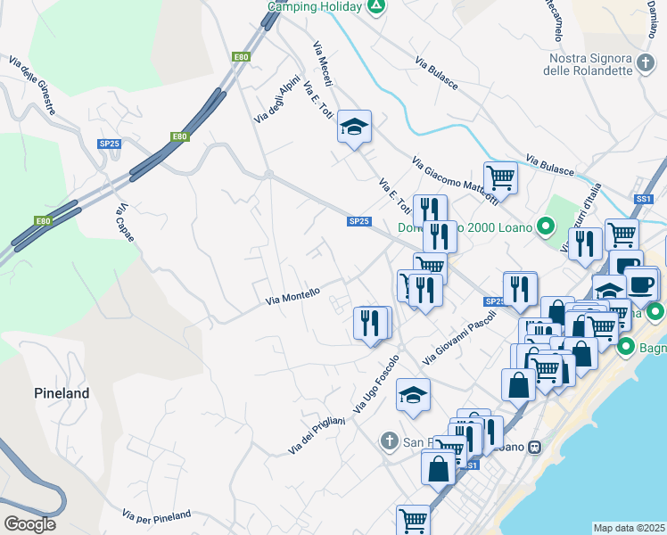 map of restaurants, bars, coffee shops, grocery stores, and more near 53 Via Isonzo in Loano