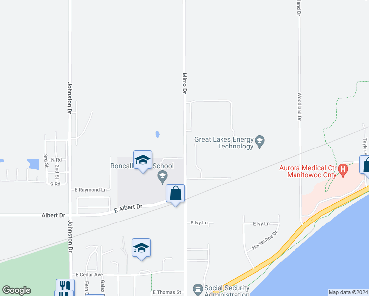 map of restaurants, bars, coffee shops, grocery stores, and more near 2423-2665 Mirro Dr in Manitowoc