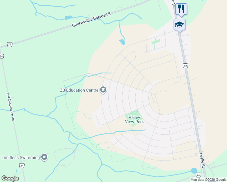 map of restaurants, bars, coffee shops, grocery stores, and more near 90 Watershed Gate in East Gwillimbury