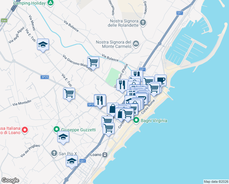 map of restaurants, bars, coffee shops, grocery stores, and more near 12 Via Giacomo Matteotti in Loano
