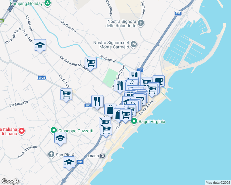 map of restaurants, bars, coffee shops, grocery stores, and more near 12 Via Giacomo Matteotti in Loano