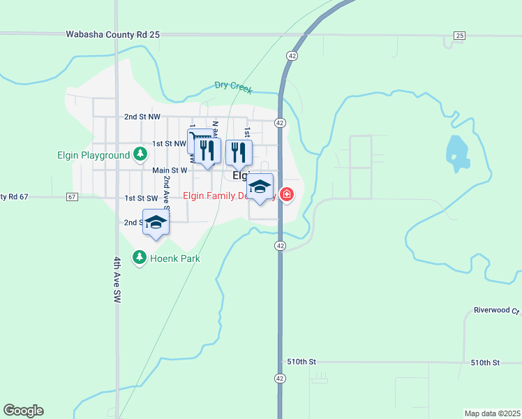 map of restaurants, bars, coffee shops, grocery stores, and more near 70 1st Street Southeast in Elgin