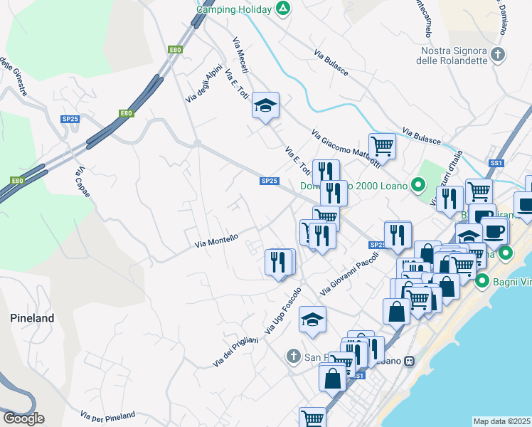 map of restaurants, bars, coffee shops, grocery stores, and more near 53 Via Isonzo in Loano