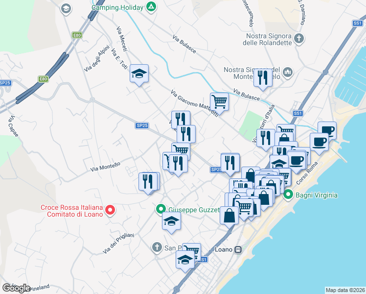 map of restaurants, bars, coffee shops, grocery stores, and more near 85 Via Silvio Amico in Loano