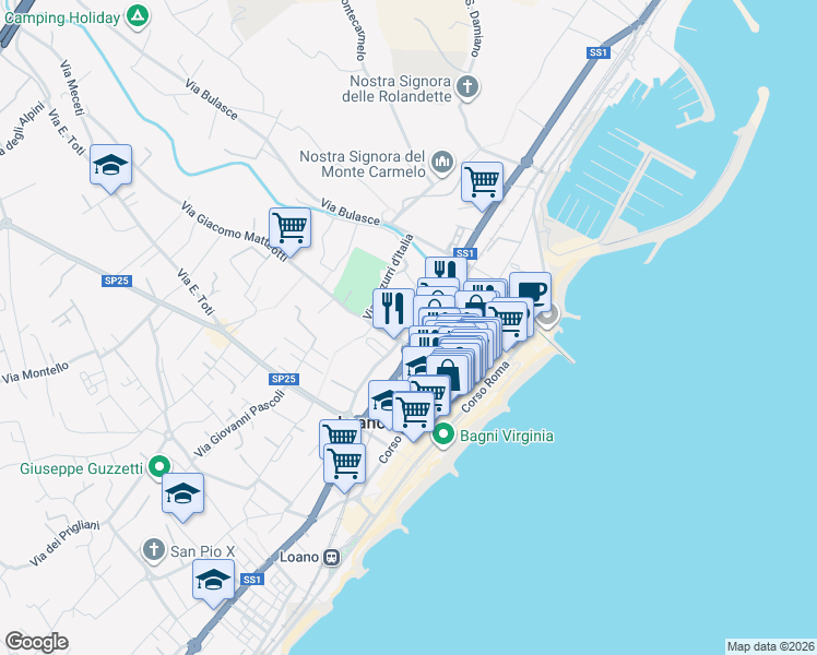 map of restaurants, bars, coffee shops, grocery stores, and more near 184 Via Aurelia in Loano