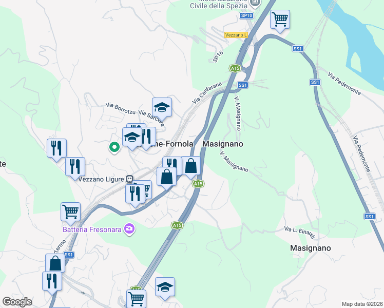 map of restaurants, bars, coffee shops, grocery stores, and more near 176 Via Aurelia in Stazione-fornola