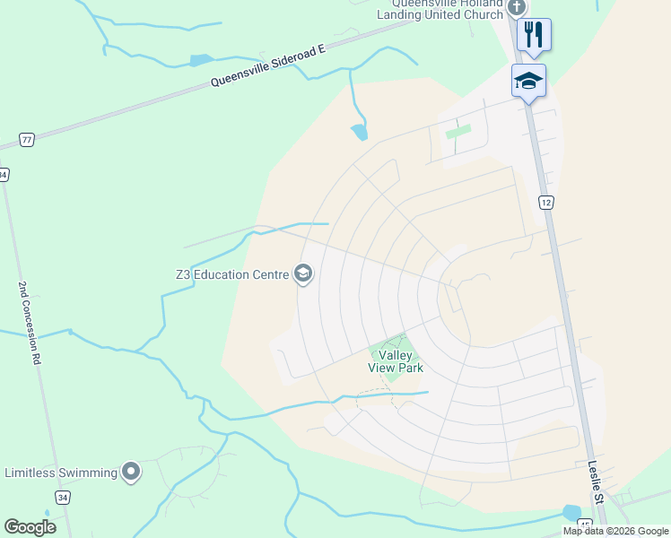 map of restaurants, bars, coffee shops, grocery stores, and more near 102 Watershed Gate in East Gwillimbury