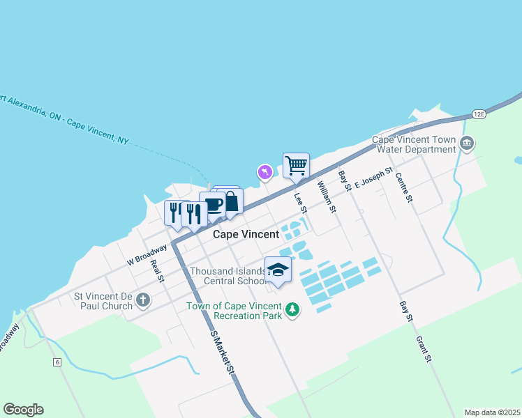 map of restaurants, bars, coffee shops, grocery stores, and more near 176 South Esselstyne Street in Cape Vincent