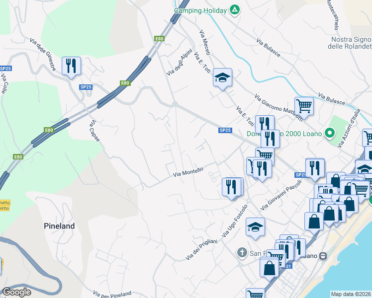 map of restaurants, bars, coffee shops, grocery stores, and more near 22 Via delle Fornaci in Loano