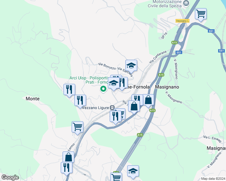 map of restaurants, bars, coffee shops, grocery stores, and more near 14 Via Aldo Moro in Stazione-fornola