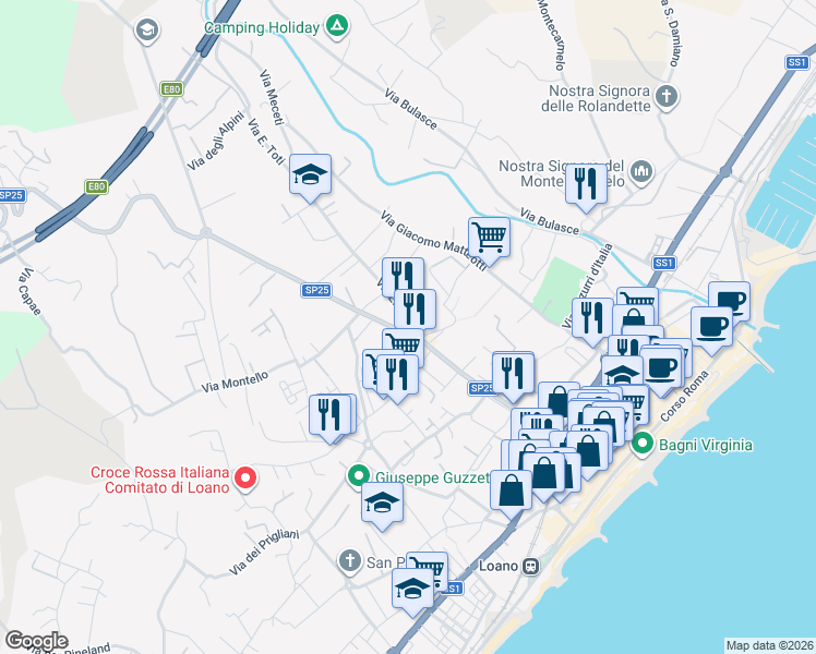 map of restaurants, bars, coffee shops, grocery stores, and more near 85 Viale Amico Silvio in Loano