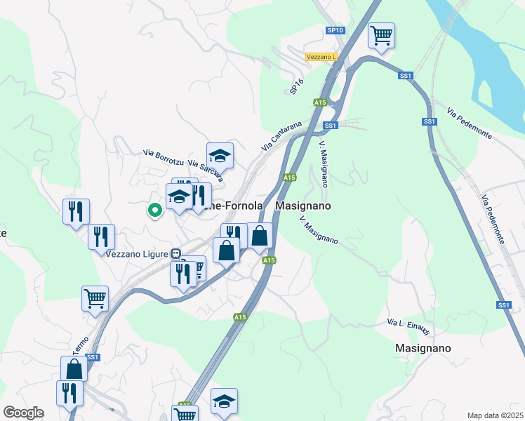 map of restaurants, bars, coffee shops, grocery stores, and more near Strada Statale 1 in Stazione-fornola