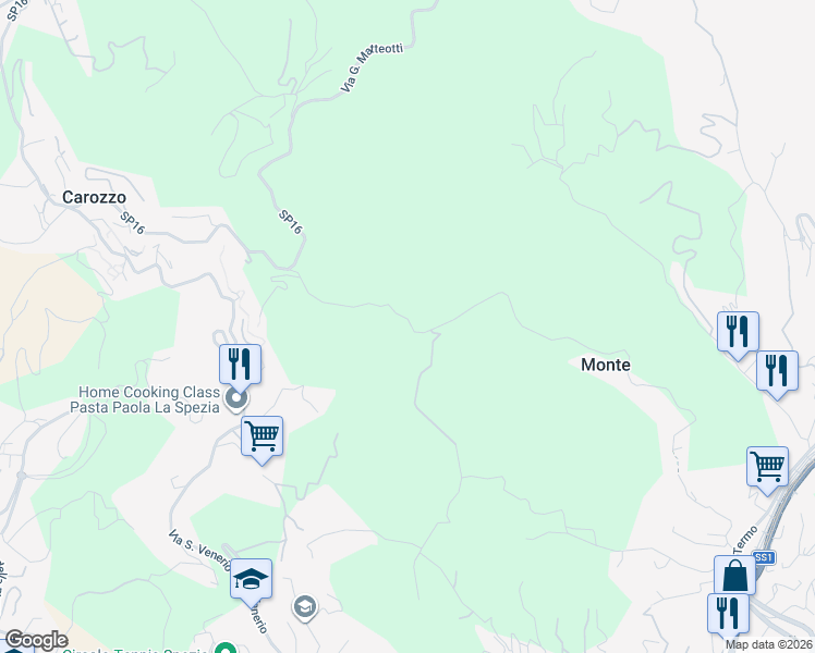 map of restaurants, bars, coffee shops, grocery stores, and more near 29 Via del Monte in Provincia della Spezia