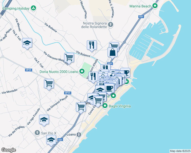 map of restaurants, bars, coffee shops, grocery stores, and more near Via Pollupice in Loano