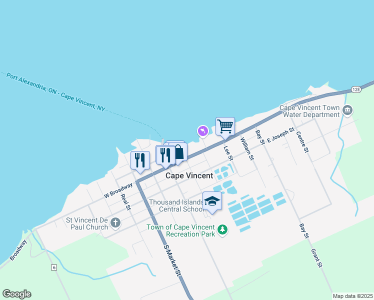 map of restaurants, bars, coffee shops, grocery stores, and more near Gouvello Street in Cape Vincent