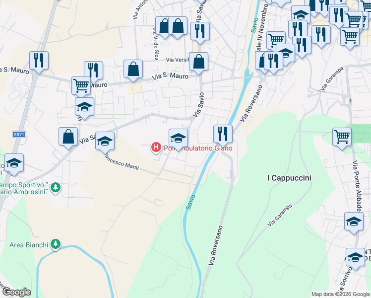 map of restaurants, bars, coffee shops, grocery stores, and more near 157 via prima Ancona in Cesena