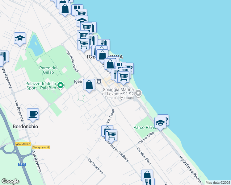 map of restaurants, bars, coffee shops, grocery stores, and more near 15 Via Gellio in Bellaria