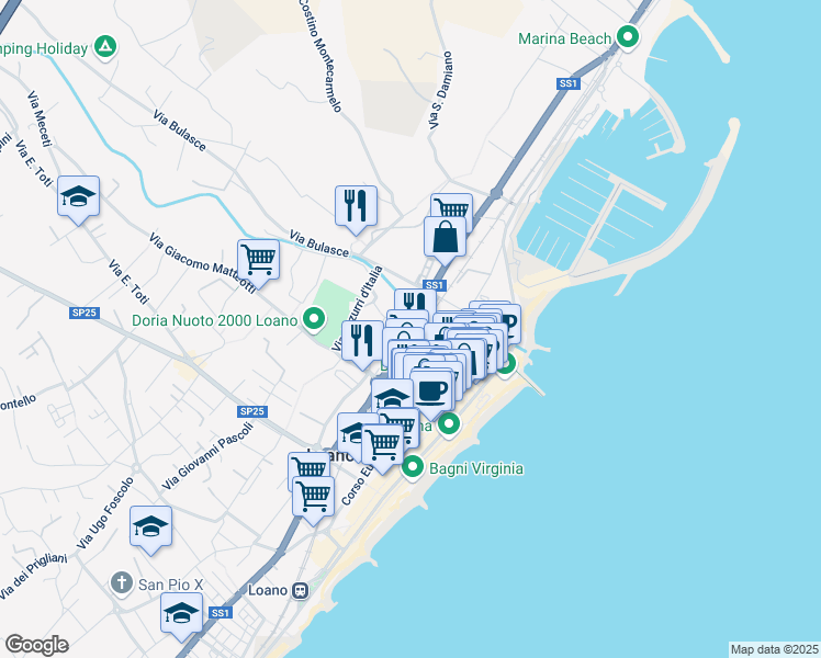 map of restaurants, bars, coffee shops, grocery stores, and more near 91 Via dei Pontassi in Loano