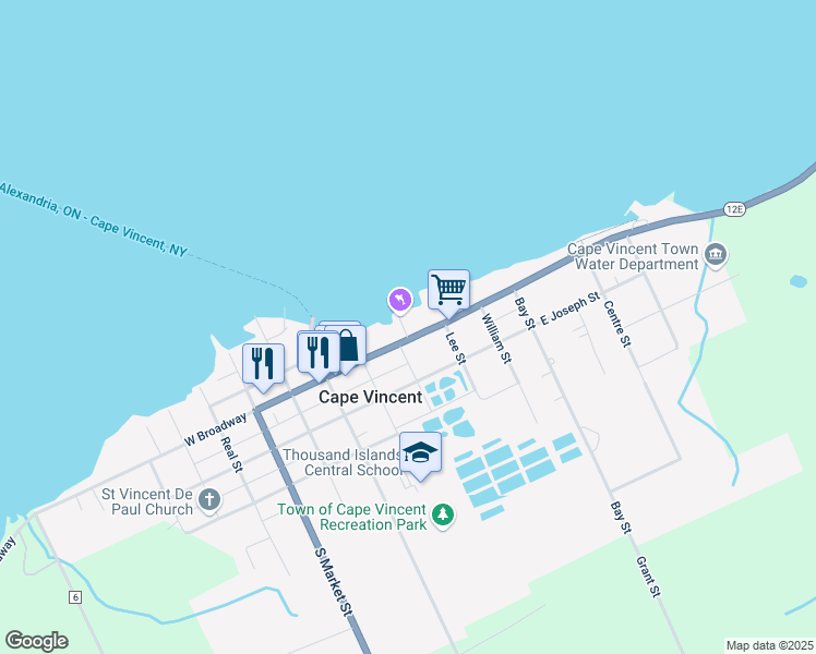 map of restaurants, bars, coffee shops, grocery stores, and more near 539 Broadway Street in Cape Vincent