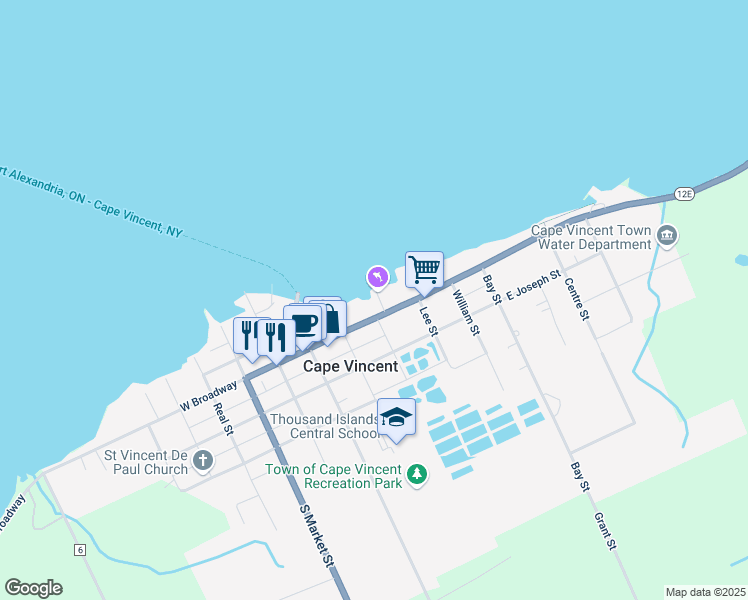 map of restaurants, bars, coffee shops, grocery stores, and more near 539 Broadway Street in Cape Vincent