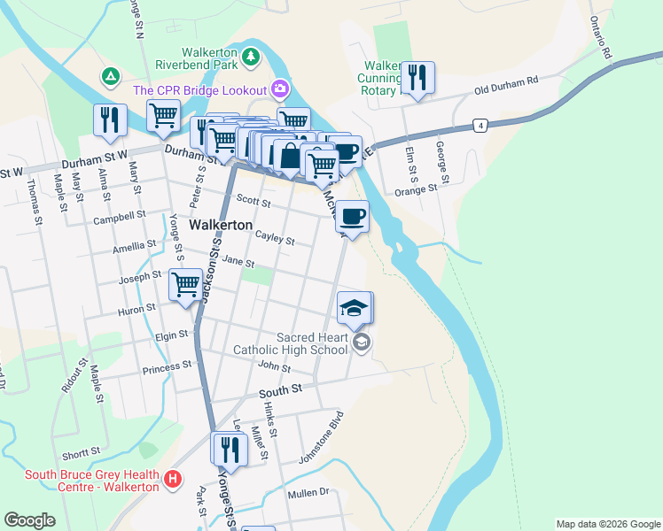 map of restaurants, bars, coffee shops, grocery stores, and more near 217 McNab Street in Walkerton