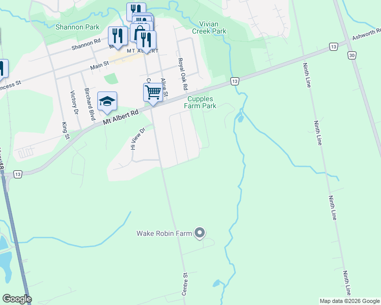map of restaurants, bars, coffee shops, grocery stores, and more near 5 Frederick Taylor Way in East Gwillimbury