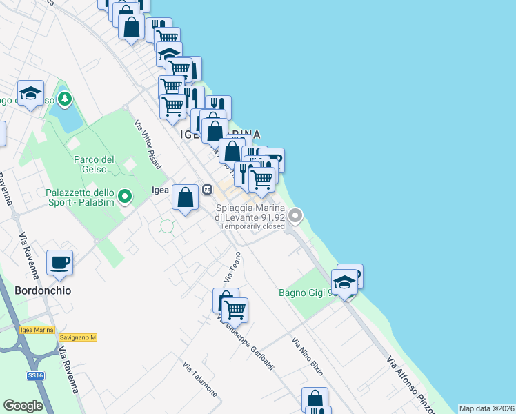 map of restaurants, bars, coffee shops, grocery stores, and more near 84 Via A. Tibullo in Bellaria