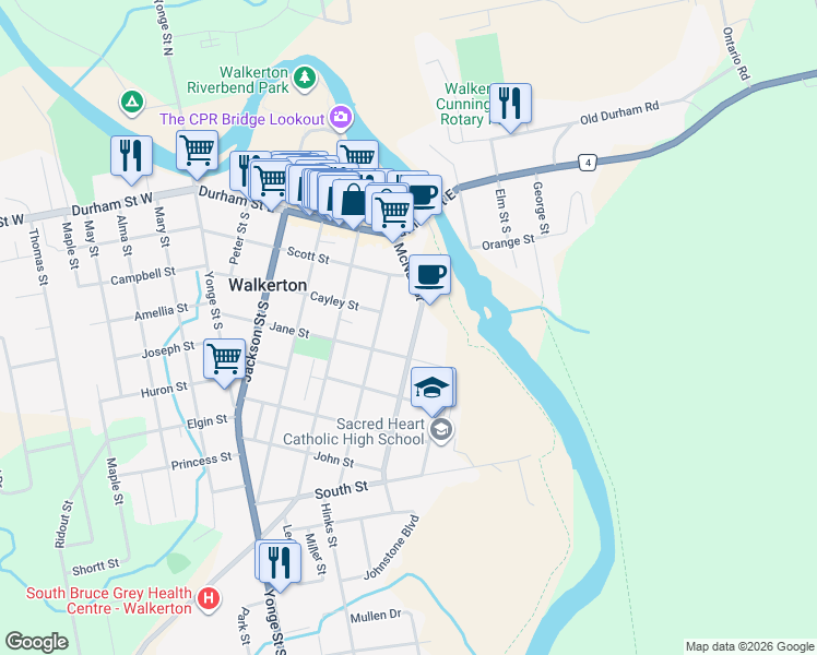 map of restaurants, bars, coffee shops, grocery stores, and more near 217 McNab Street in Walkerton