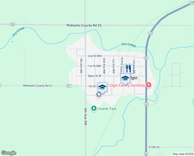 map of restaurants, bars, coffee shops, grocery stores, and more near 30 3rd Avenue Northwest in Elgin