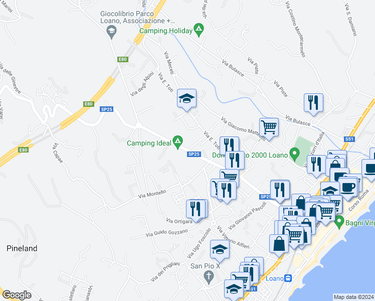 map of restaurants, bars, coffee shops, grocery stores, and more near 33 Viale Silvio Amico in Loano