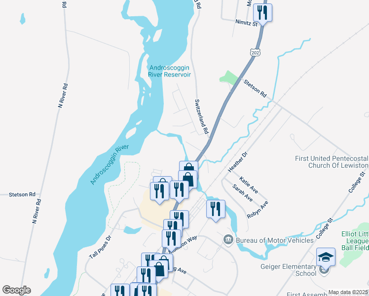 map of restaurants, bars, coffee shops, grocery stores, and more near 26R Newbegin Avenue in Lewiston
