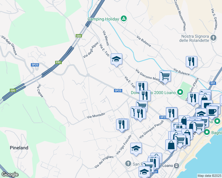 map of restaurants, bars, coffee shops, grocery stores, and more near 33 Via Silvio Amico in Loano