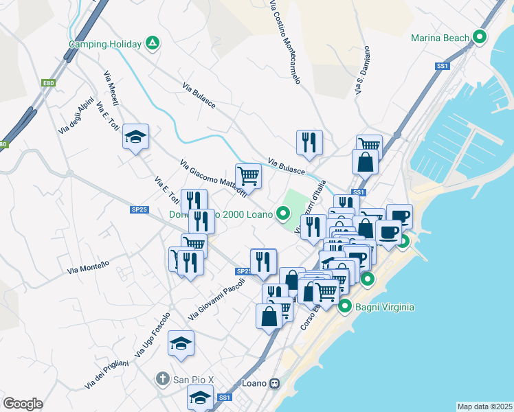 map of restaurants, bars, coffee shops, grocery stores, and more near 21 Via Giacomo Matteotti in Loano