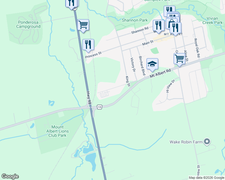 map of restaurants, bars, coffee shops, grocery stores, and more near 25 Albert Street in Mount Albert