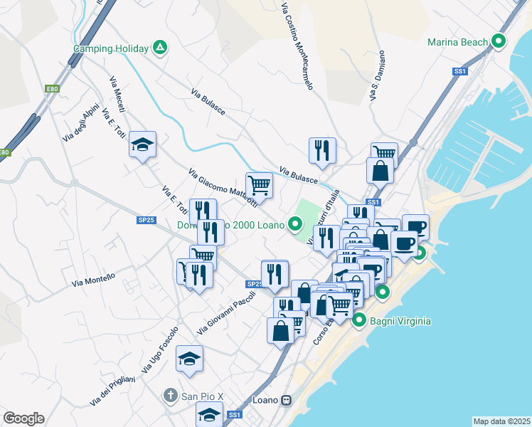 map of restaurants, bars, coffee shops, grocery stores, and more near 21 Via Giacomo Matteotti in Loano