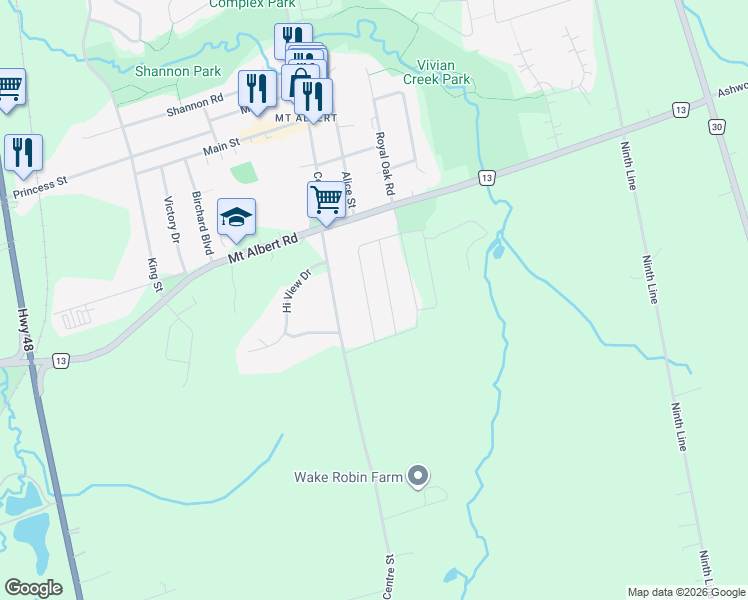 map of restaurants, bars, coffee shops, grocery stores, and more near 9 Robb Thompson Road in East Gwillimbury