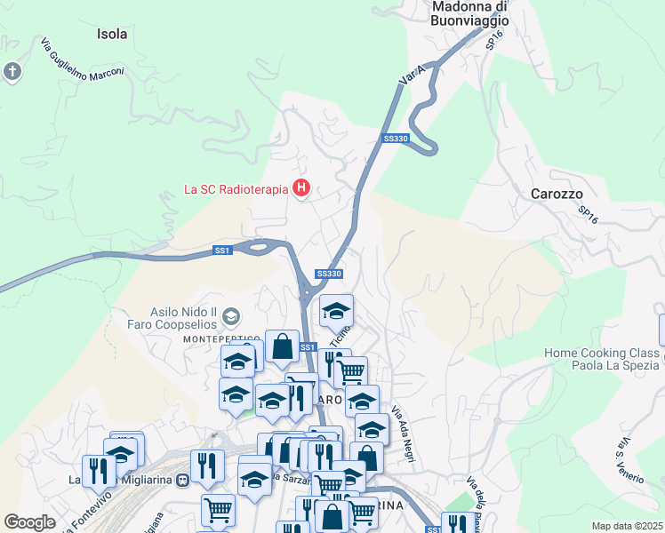map of restaurants, bars, coffee shops, grocery stores, and more near Via Tesei Teseo in La Spezia