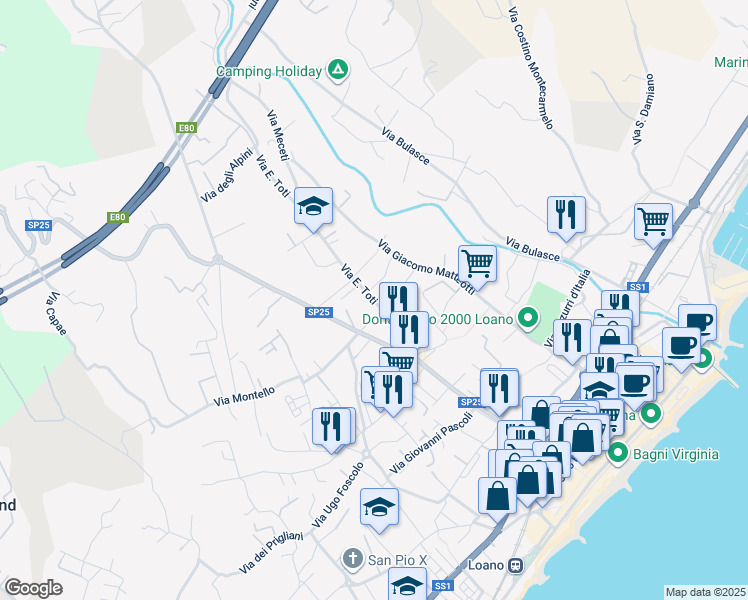 map of restaurants, bars, coffee shops, grocery stores, and more near 43 Via E. Toti in Loano
