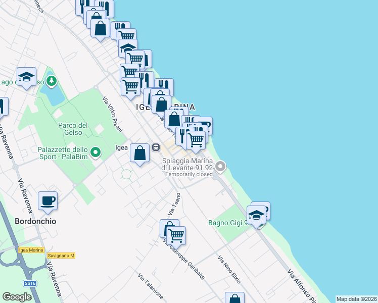 map of restaurants, bars, coffee shops, grocery stores, and more near 84 Via Albio Tibullo in Bellaria-Igea Marina
