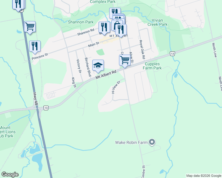 map of restaurants, bars, coffee shops, grocery stores, and more near 16 Hi View Drive in East Gwillimbury