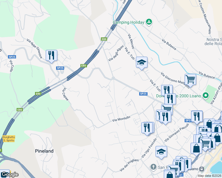 map of restaurants, bars, coffee shops, grocery stores, and more near 22 Via delle Fornaci in Loano