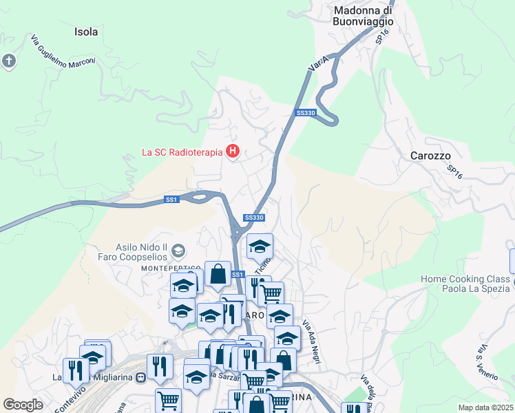 map of restaurants, bars, coffee shops, grocery stores, and more near Via Teseo Tesei in La Spezia