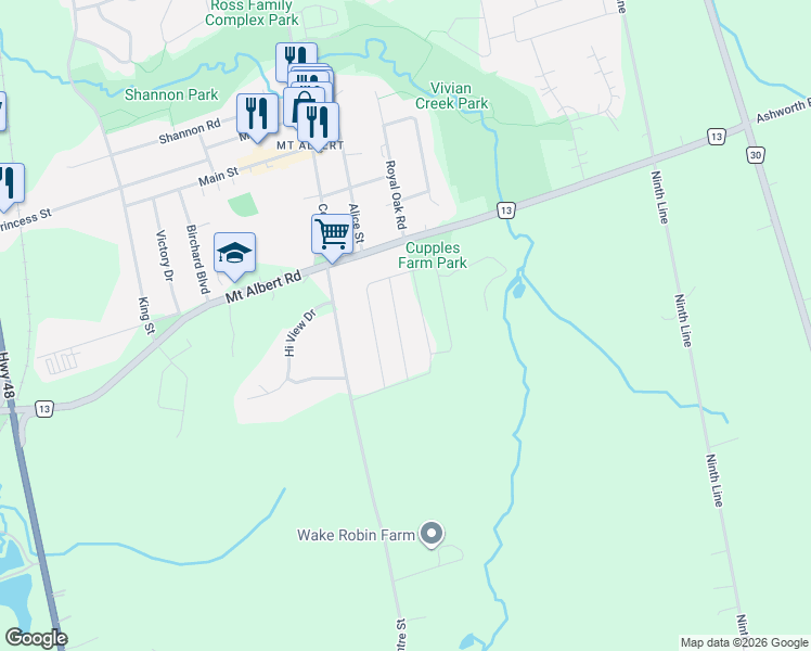 map of restaurants, bars, coffee shops, grocery stores, and more near 53 Frederick Taylor Way in Mount Albert