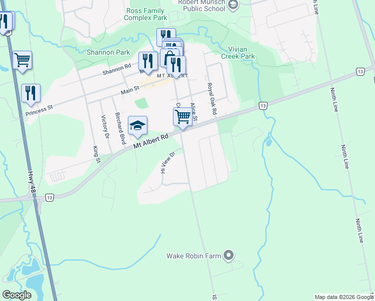 map of restaurants, bars, coffee shops, grocery stores, and more near 18959 Centre Street in East Gwillimbury